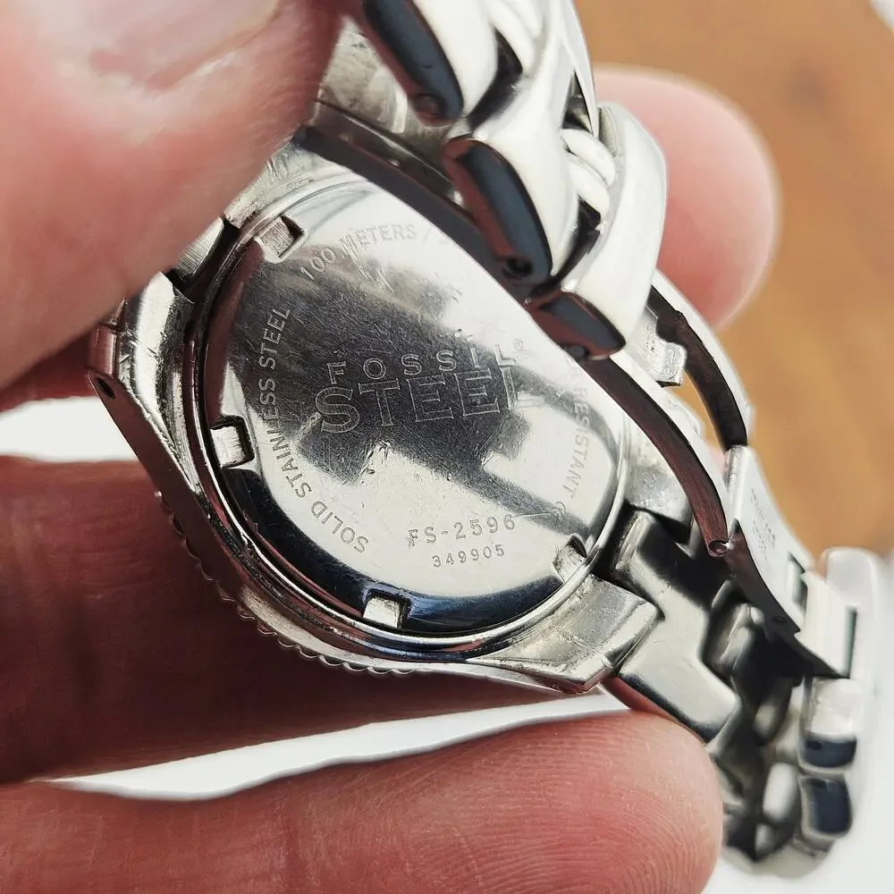 Fossil Watch Silver Tone Boyfriend Style Blue Date Dial Stainless Steel FS-2596